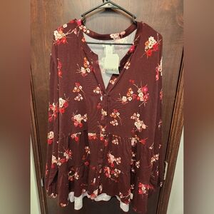 Wonderly Plus Size Babydoll Long Sleeve Top 4x Floral Cottagecore Fall Print Red